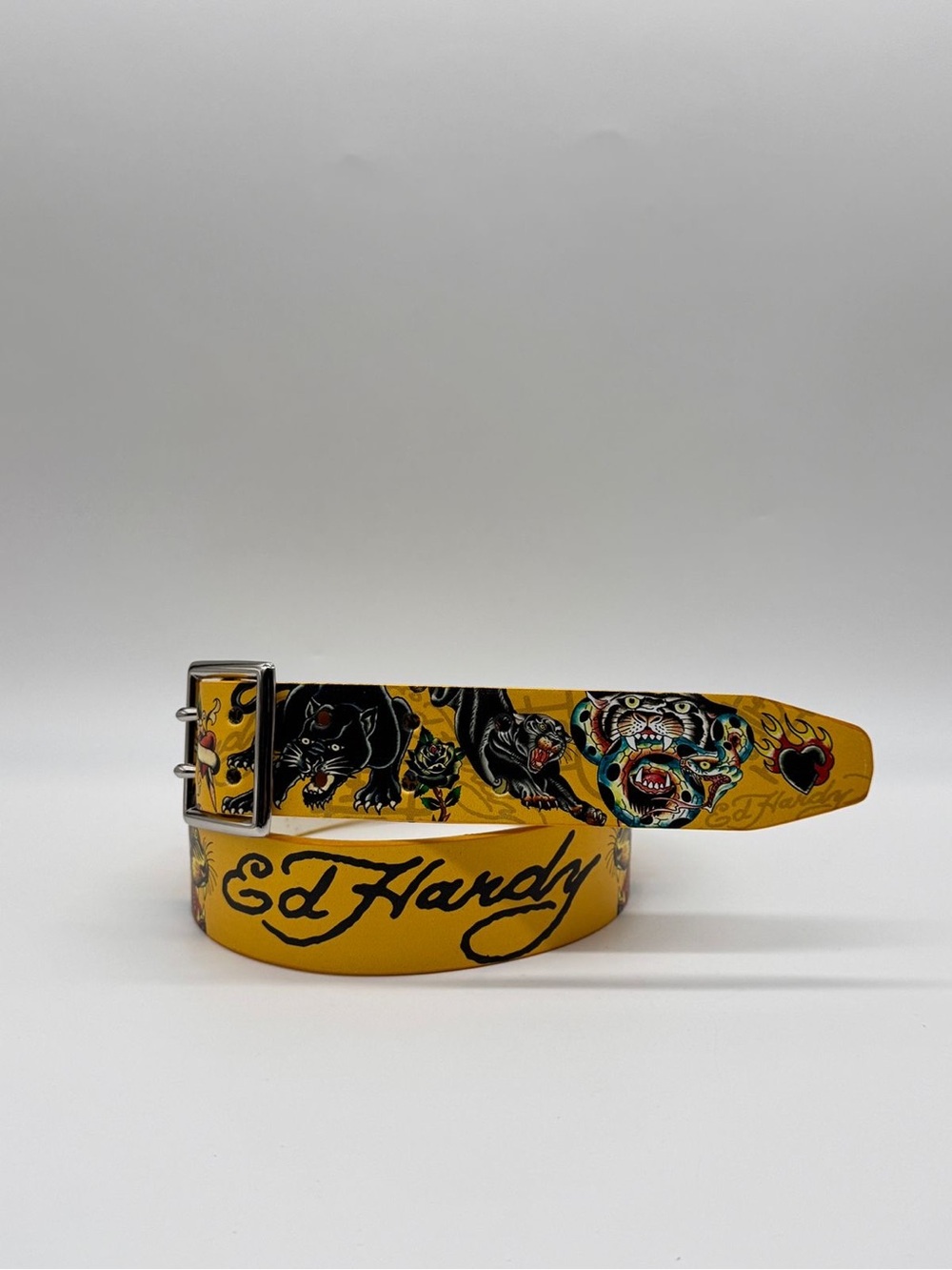 Ed Hardy Panther Snake Studded Belt Yellow Y2K Tattoo Art Size 38 Brand New